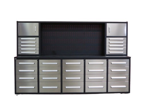10’ 30 Drawer Stainless Steel Tool Cabinet w- Uppers _ Pegboard