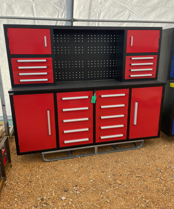 7 foot red tool cabinet with upper cabinets. P0wder coat finish, double roller ball bearing drawer slides, and metal pegboard back.