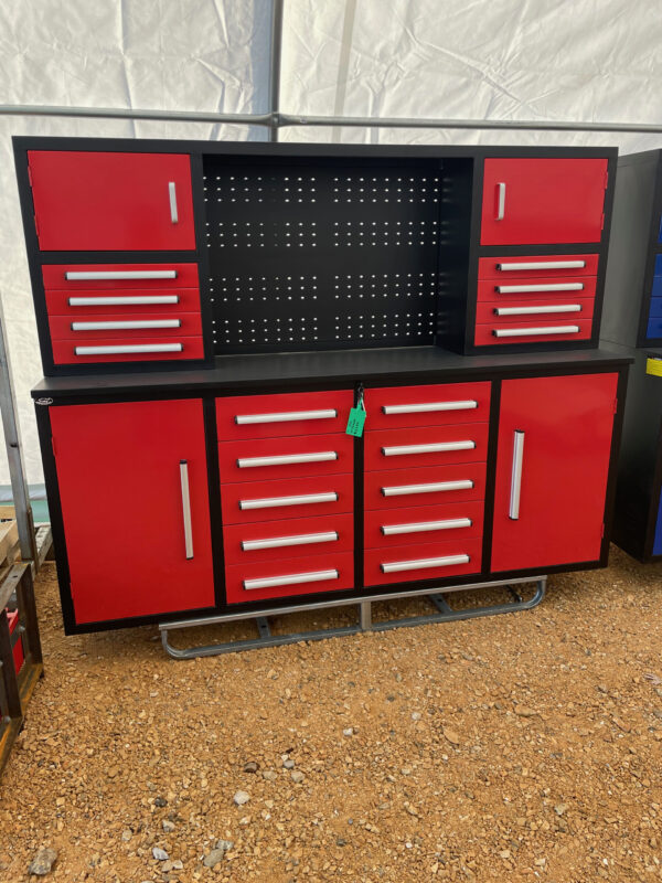 7 foot red tool cabinet with upper cabinets. P0wder coat finish, double roller ball bearing drawer slides, and metal pegboard back.