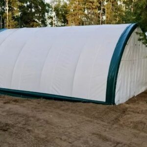 The gold Mountain twenty foot wide by thirty foot long hoop shelter has a white fabric cover with green trim.