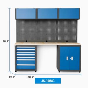 Eighty inch wide garage work bench and cabinets with solid wood work top and powder coated steel cabinets