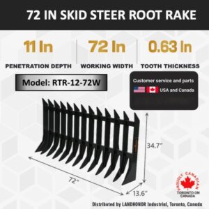 LandHonor Skid Steer quick attach seventy two inch wide root rake