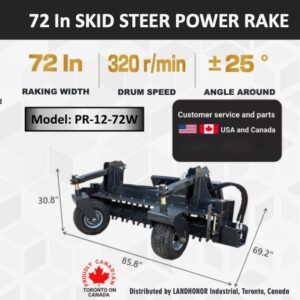 The Land Honor brand skid steer quick attach power rake is seventy two inches wide.