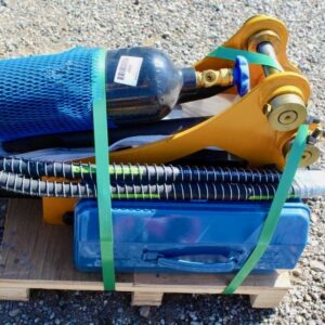 The mini excavator concrete breaker kit comes complete with hydraulic hoses, nitrogen bottle, gauges kit, and tool kit.