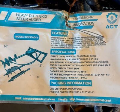 AGT Quick Attach Skid Steer Post Hole Auger w/ 3 Bits 6", 12", 14"