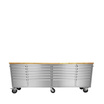 96" Stainless Steel Rolling Workbench, Rubberwood Tabletop
