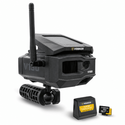 VOSKER V150 Solar Trail Camera with Battery and Mount - Cliffhouse Buildings VOSKER V150 jobsite security camera with V‑LIT‑B2 rechargeable battery and 16GB storage card