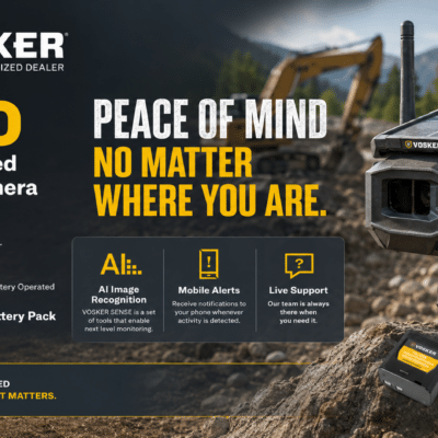 VOSKER V150 solar-powered security camera for remote job sites - Cliffhouse Buildings VOSKER V150 solar-powered security camera on jobsite pole, with wireless cellular photo transfer and AI alerts text overlay