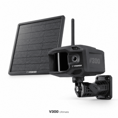 VOSKER V300 Ultimate vehicle-mounted solar security camera - Cliffhouse Buildings VOSKER V300 Ultimate jobsite camera with solar panel mount and wireless display antenna