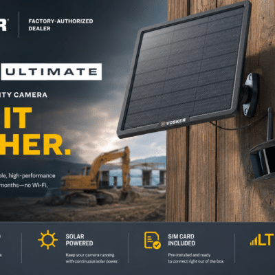 VOSKER V300 Ultimate Autonomous Security Camera for Sheds - Cliffhouse Buildings VOSKER V300 Ultimate autonomous security camera on a wooden fence post, with 4G-LTE and no Wi‑Fi required.