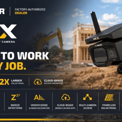 VOSKER VKX cellular security camera for job sites with solar setup - Cliffhouse Buildings VOSKER Vx cellular security camera on wood post at jobsite, “READY TO WORK ON ANY JOB” text overlay