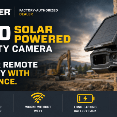 VOSKER V150 solar-powered security camera for remote jobsite monitoring - Cliffhouse Buildings V150 VOSKER V150 solar-powered security camera on a tree, factory-authorized dealer; mobile alerts, long-lasting battery.
