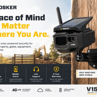 V150 solar security camera for jobsite, gates and portable buildings - Cliffhouse Buildings VOSKER V150 solar-powered security camera with live alerts, mounted on wooden shed with V150 label and “100% Wire-Free” text