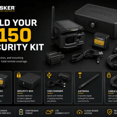 VOSKER V150 Remote Area Security Kit with LTE Antenna & Cables - Cliffhouse Buildings VOSKER V150 V-LIT-E2 security kit remote area monitoring tools, battery pack, security box, USB charger, antenna and cable lock