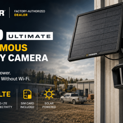 VOSKER V300 Ultimate Solar-Powered Cellular Security Camera 4G-LTE - Cliffhouse Buildings VOSKER V300 Ultimate autonomous solar security camera with cellular monitoring on jobsite building wall