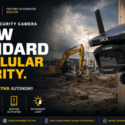Voxker VKX cellular security camera on wooden jobsite pole, 6-month autonomy - Cliffhouse Buildings VOSKER VKX cellular security camera on wooden post for jobsite construction, factory-authorized dealer promo text