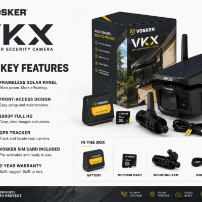 VOSKER VKX Cellular Security Camera with Solar Panel Kit - Cliffhouse Buildings VOSKER VKX cellular security camera kit with solar panel, mounting arm, microSD, battery, USB cable, GPS tracker and features text