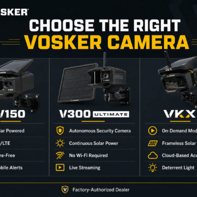 VOSKER V150, V300 Ultimate, VKX solar security cameras features - Cliffhouse Buildings VOSKER Choose the Right V150, V300 Ultimate, VKX solar security cameras with 4G/LTE, wire-free alerts and deterrent light