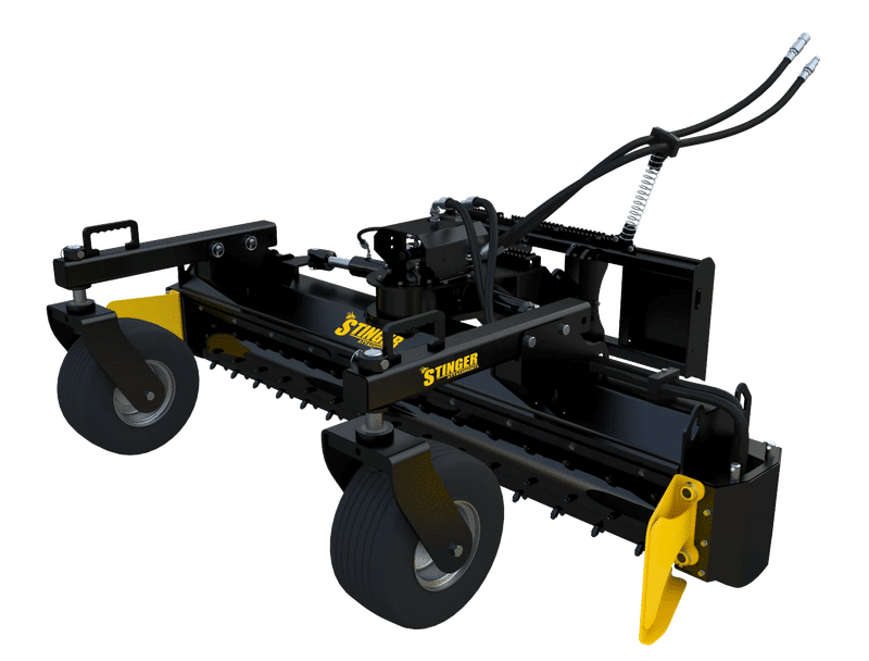 Stinger PR-90004 Soil Conditioner Side Detail - Cliffhouse Buildings Stinger PR-90004 soil conditioner power rake side detail for high flow skid steer applications