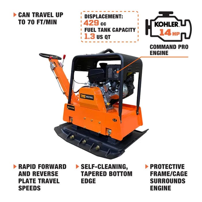 TMG-PC330K Reversible Plate Compactor feature image - Cliffhouse Buildings TMG-PC330K plate compactor feature image with Kohler 14 HP engine