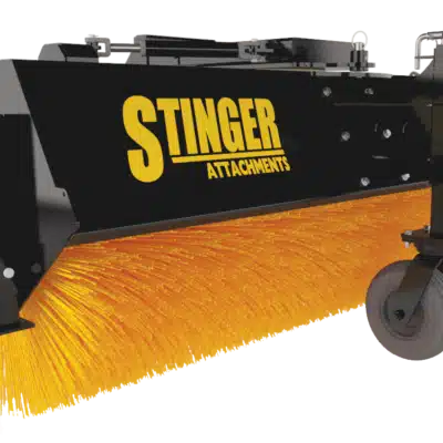 SA-Angle-Broom-84inch-01 - Cliffhouse Buildings Hydraulic power angle broom attachment with a black frame and bright orange bristles, designed for skid steers and tractors.