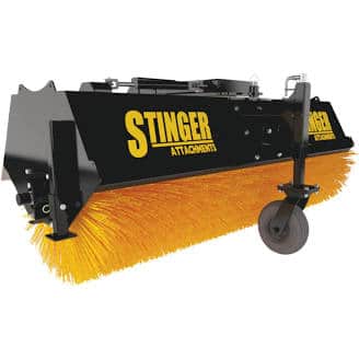Black hydraulic broom attachment with a bright orange bristle brush, designed for skid steers, showcasing robust construction and functionality.
