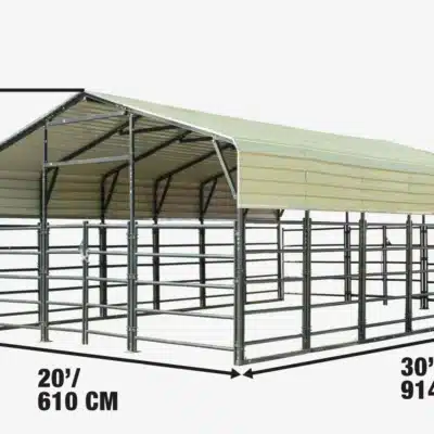 20x30 ft metal livestock corral panel shed, 10.5 ft height with steel frame and arched roof dimensions labeled
