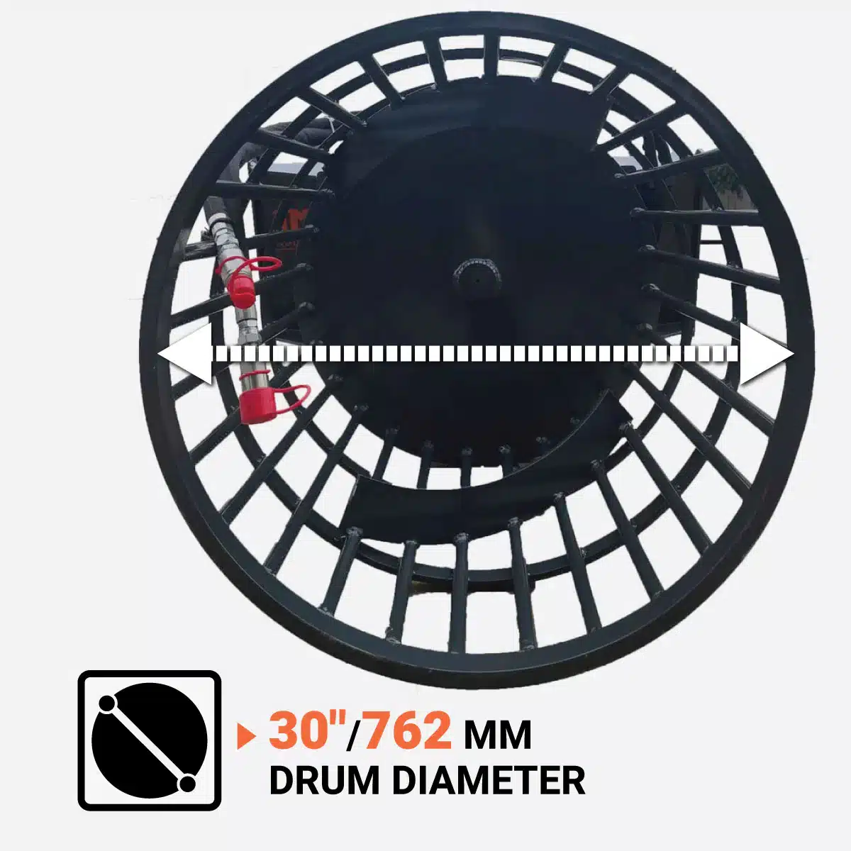 TMG-SRP32_1 - Cliffhouse Buildings 30" skid steer rotary rock picker drum attachment, 762 mm drum diameter indicator graphic