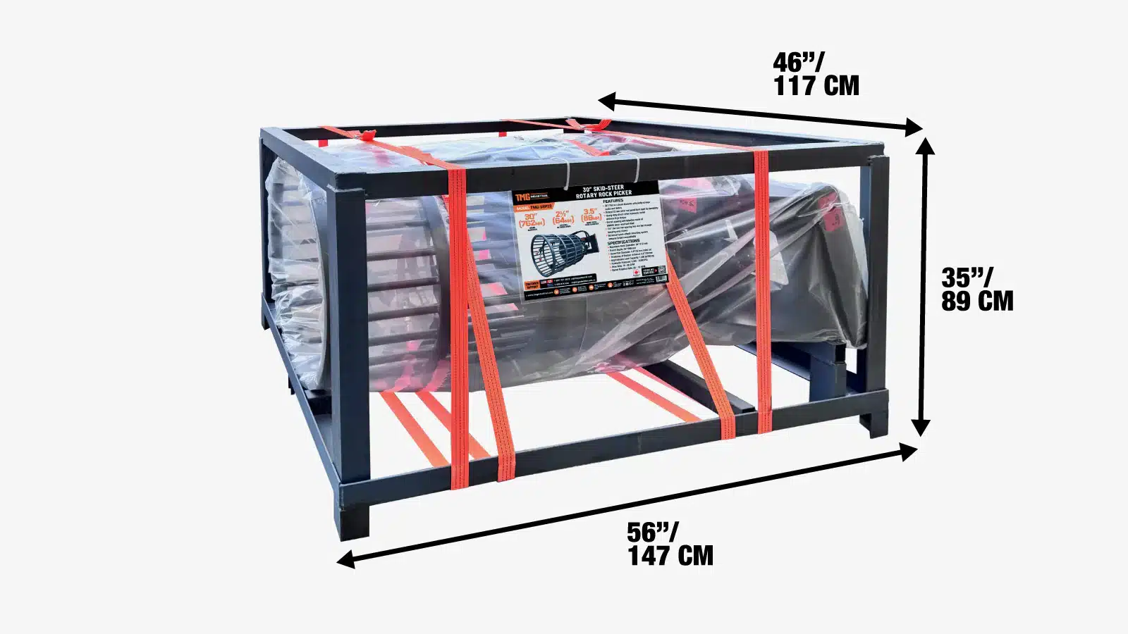 TMG-SRP32_shipping_image - Cliffhouse Buildings TMG-SRP32 30 in skid steer rotary rock picker attachment in shipping crate, 56 in wide by 46 in long.