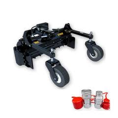 Hydraulic mini soil conditioner attachment featuring sturdy black frame, rubber wheels, and quick-connect fittings, designed for skid steers.