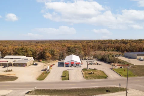 Aerial view of 706 N Main St facing the building from across the road.