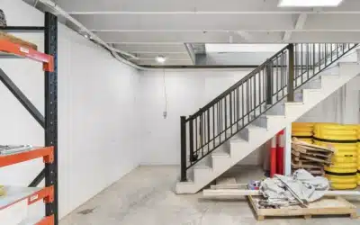 Lower-level view of the stairway and nearby storage area.