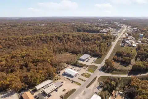 Aerial view from 706 N Main St toward the nearby commercial corridor.