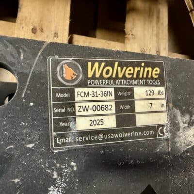 Wolverine attachment tool nameplate: Model FCM-31-36IN, serial ZW-00682, 129 lbs, 2025, 7 in width