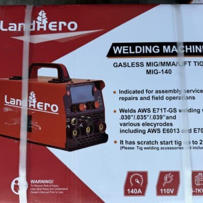 LandMaster WELDING MACHINE gasless MIG/MMA/Lift TIG MIG-140 welder box with specifications and 140A, 110V markings