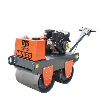 Twin-drum road roller with orange engine housing labeled MVR25 by TMG Industrial, used for soil compaction.