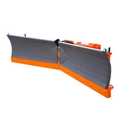 Heavy-duty snow plow blade with orange mounting frame and gray steel blade for vehicle use.