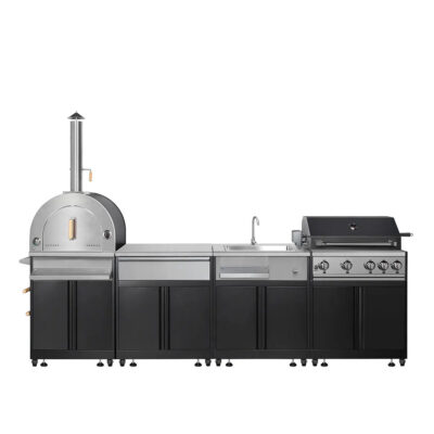 Outdoor stainless steel all-in-one outdoor kitchen: built-in pizza oven on left, counter with sink in center, and four-burner gas grill on the right with black cabinets underneath