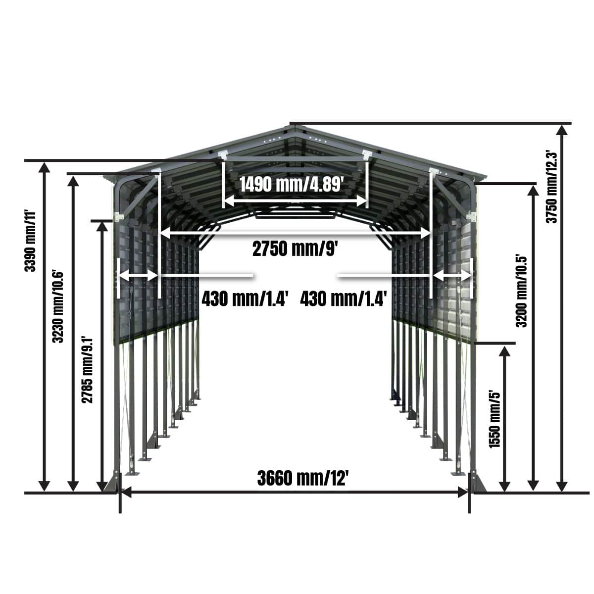 TMG-MSB1230 12' x 30' Metal Shed Boat Shelter, 12.3' Peak Height, 11' Clearance TMG-MSB1230