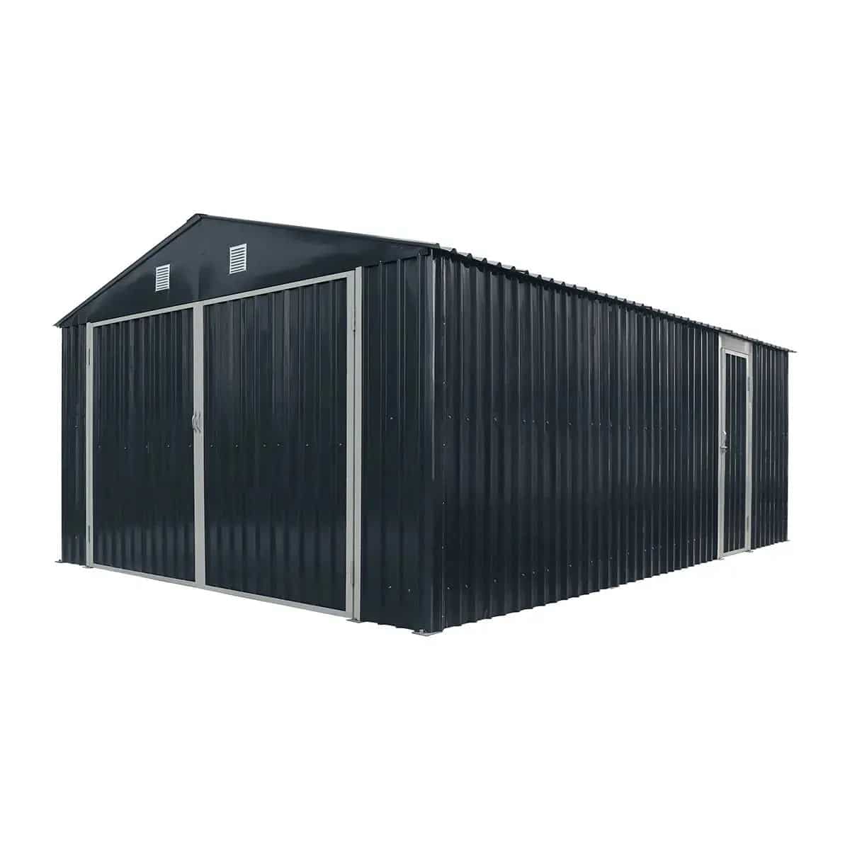 Long dark metal storage shed with large double doors at the front and a side entry door, featuring vented gable ends.