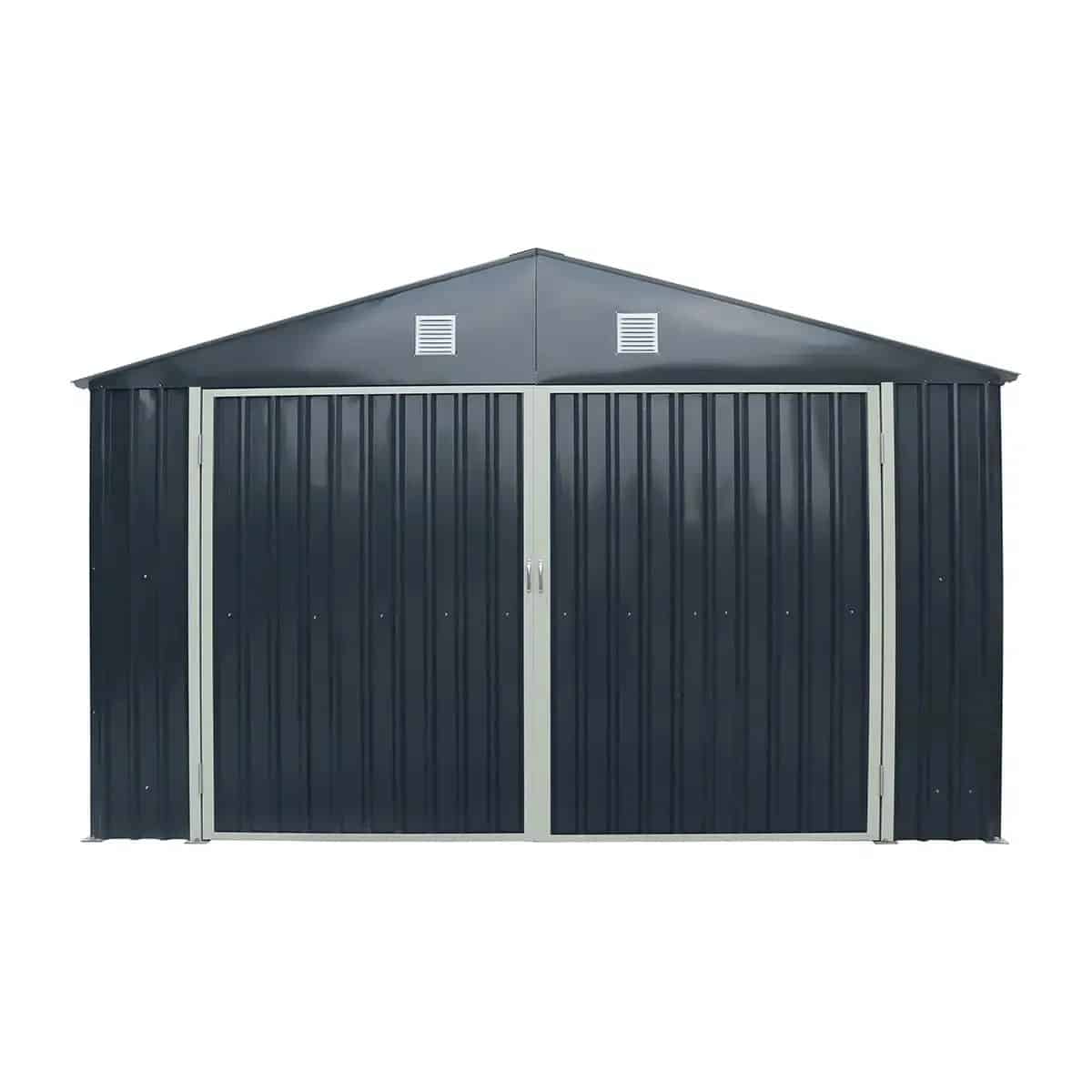 Dark blue metal garden shed with double doors and a peaked roof with two vents above the doors.