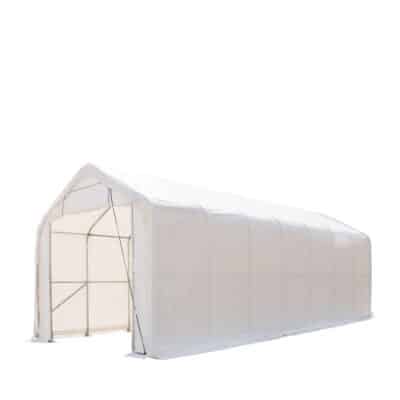 White fabric-covered greenhouse tent with an arched roof and open front door at left.