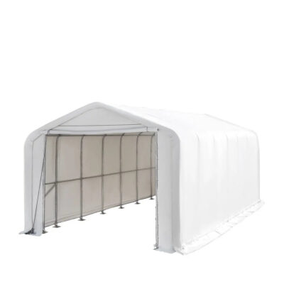 White outdoor event shelter with an open front, showing metal frame and fabric cover
