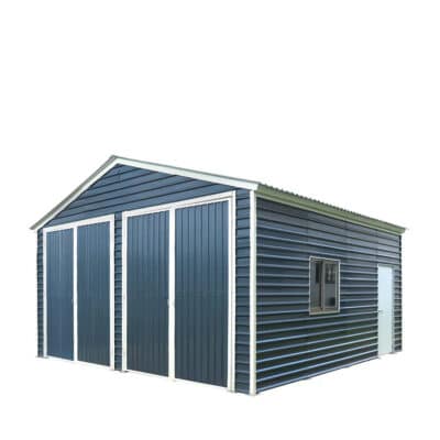 Blue corrugated metal shed with three large vertical doors and a side entry door, plus a small window.
