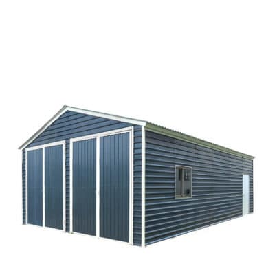Blue metal storage shed with three large white-framed doors and a small side window on ribbed panels.