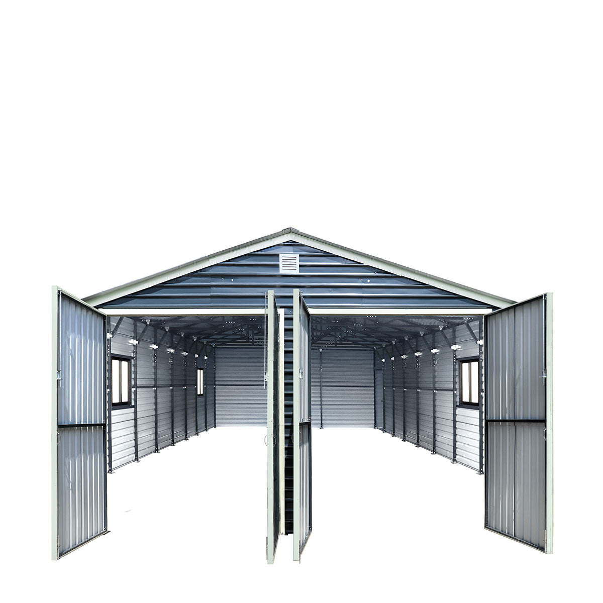 Metal storage shed with wide double doors open, revealing interior bays for storage units inside the building.