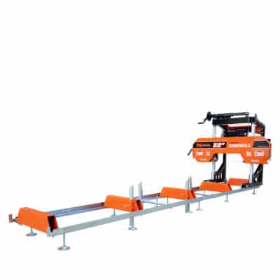 Orange 22-inch portable sawmill mounted on a long metal track with orange guards and supports.