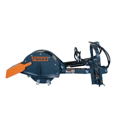 Close-up of a blue industrial hydraulic attachment with an orange guard and hoses, labeled TSG24.