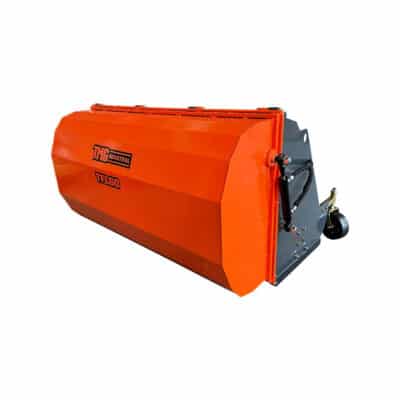Orange heavy-duty snow plow blade attachment with a gray mounting frame, designed for tractors or heavy equipment