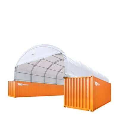 White curved-roof storage shelter set up on an orange shipping container, with a second orange container nearby.